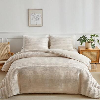 Juego de ropa de cama de 3 piezas estilo bohemio en color caqui con acolchado jacquard, juego de ropa de cama rústico y sencillo de poliéster, incluye 1 funda nórdica y 2 fundas de almohada, apto para todas las estaciones, tamaño Queen