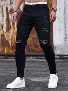 Manfinity Homme Men Cotton Ripped Frayed Skinny Jeans - Black - View 1
