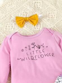 SHEIN 女宝宝字母印花连体衣和花卉喇叭裤套装 - 紫色 - 查看 4