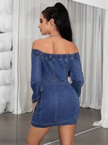 SHEIN ICON Vestido Jeans Feminino Sem Ombros - Azul - Visão 2