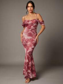 SHEIN BAE 情人节红玫瑰印花褶皱露肩美人鱼长裙 - 紅色 - 查看 2