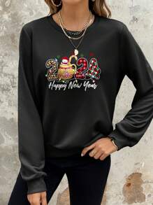 SHEIN LUNE 1pc Casual Round Neck Drop Shoulder Sleeve Sweatshirt With Text Print - Black - View 6