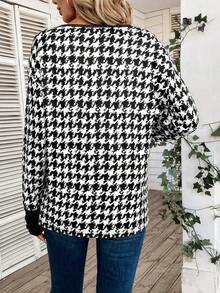 SHEIN LUNE 女千鳥格長袖 T 卹 - 黑與白 - 查看 2