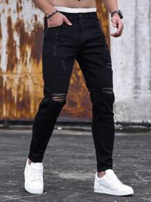 Manfinity Homme Men Cotton Ripped Frayed Skinny Jeans - Black - View 6