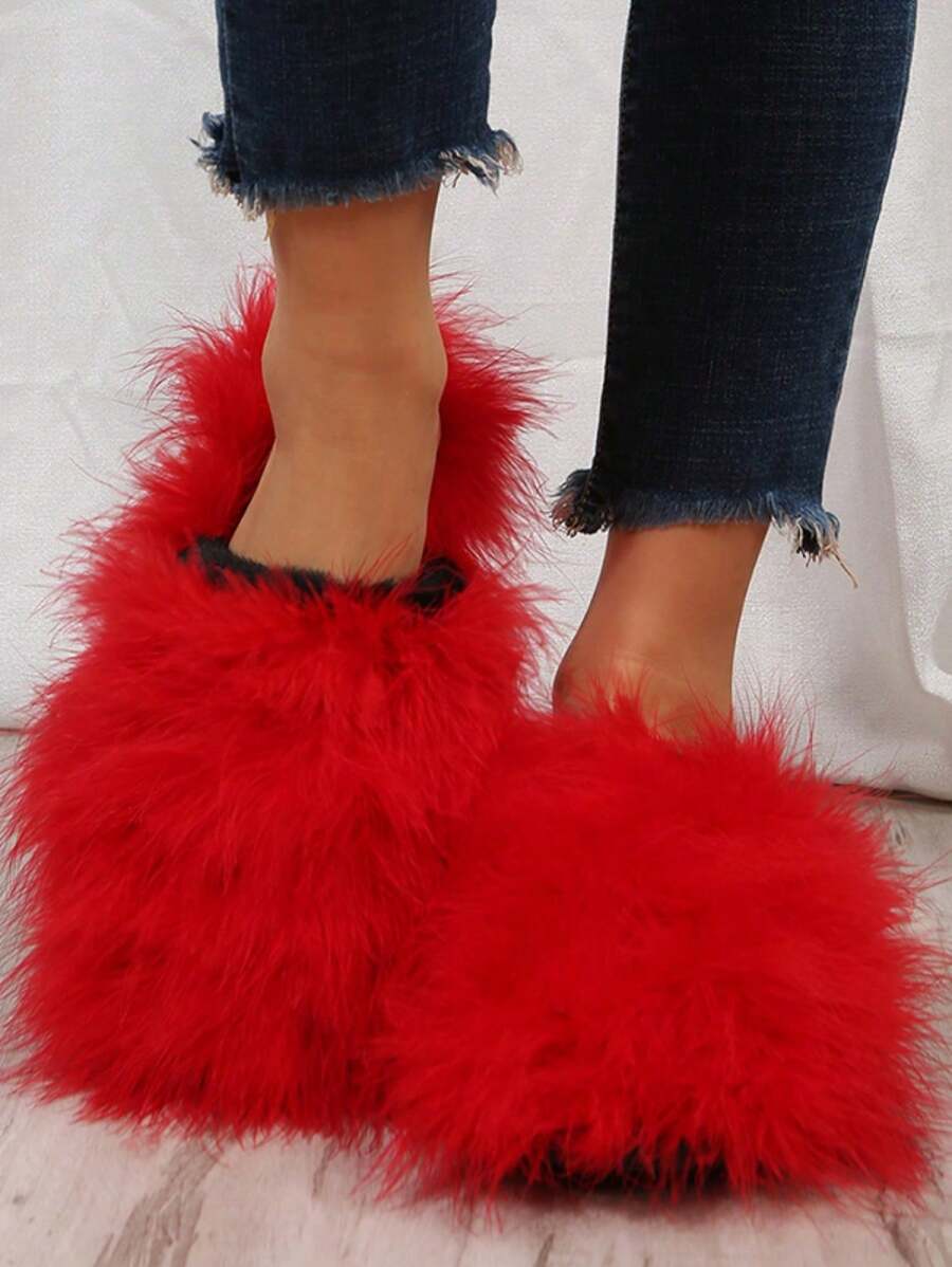 Women s red fluffy slippers versatile furry solid color house shoes