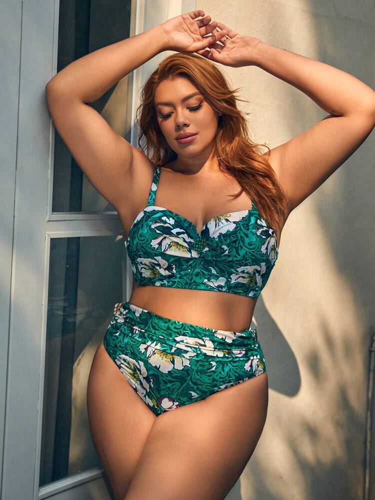 Plus Size Women's Floral Printed Bikini Set Summer Beach