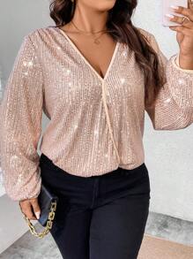 Celure Kích thước lớn Cổ chữ V Tay áo dài Kim sa Áo sơ mi - Màu be - Xem 3