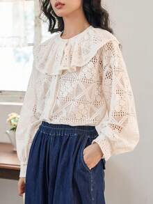 FRIFUL 女式荷葉邊燈籠袖襯衫 - 白色 - 查看 4