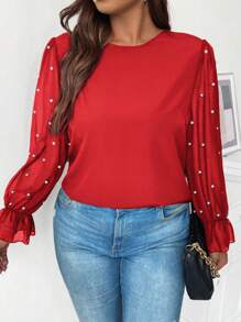 Celure Plus Size Women's Lotus Leaf Sleeve Shirt With Faux Pearl Decor - Red - View 4