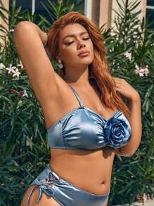 SHEIN Swim Curve Top de bikini fruncido con flor 3D talla plus para verano - Azul Marino - Ver 8