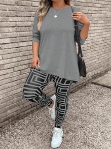SHEIN LUNE Bộ đồ hai mảnh mùa hè cỡ lớn gồm áo phông cổ tròn tay dài và quần legging họa tiết hình học 2 món/bộ - Xám - Xem 4