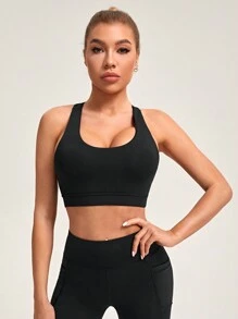 SHEIN Yoga Sxy Mesh Contrast Sports Bra - Black - View 4