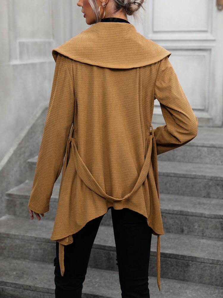 Solid Color Belted Coat With Oversized Lapel