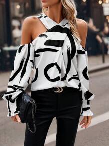 SHEIN Privé Women's Shirt With Random Letter Print, Flared Cuff, Cut-out Shoulder Design