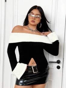 SHEIN X MariajoseGi SHEIN ICON Plus Size Color Block Off Shoulder Bell Sleeve Sweater - Black and White - View 1