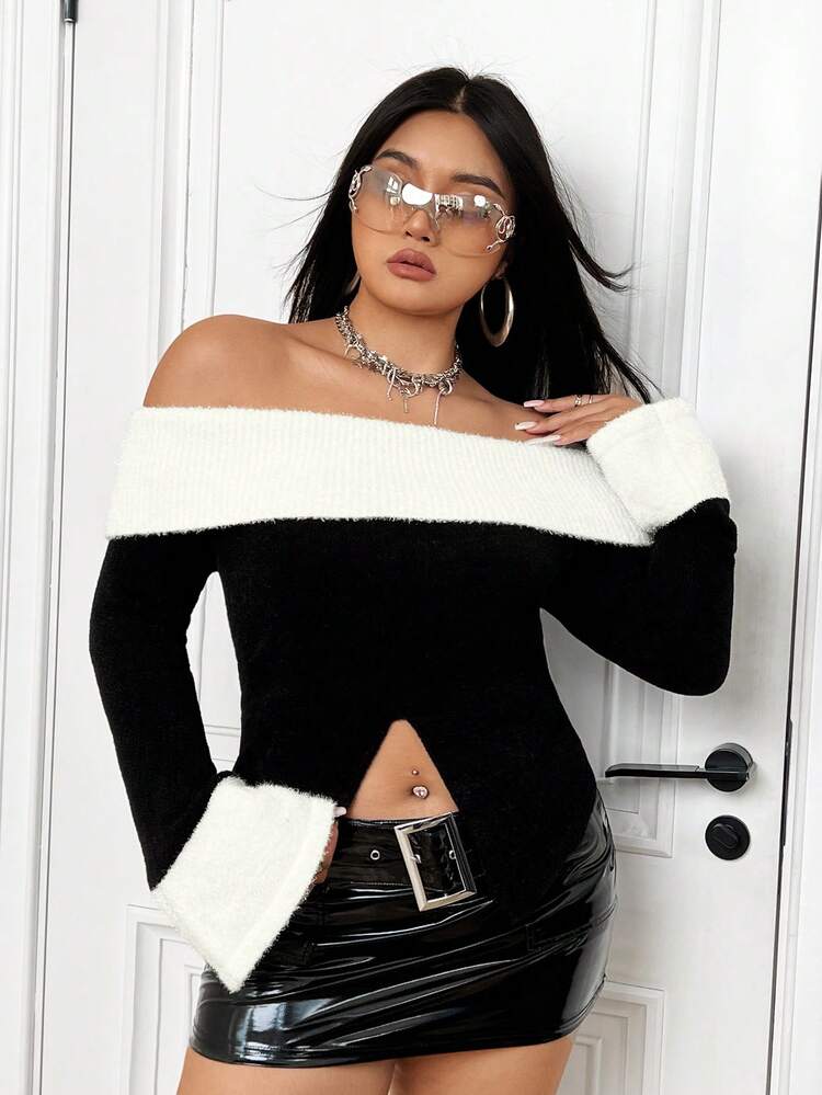 Plus Size Color Block Off Shoulder Bell Sleeve Sweater