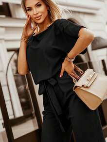 Solid Batwing Sleeve Belted Jumpsuit - Black - View 6
