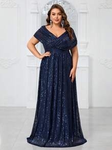 YISIKADO Plus Size Women's Glittery V-Neck Capelet Short Sleeve Party Evening Dress Elegant Formal Prom Wedding Guest Gown, For Graduation, Dinner - 藏蓝色 - 查看 1