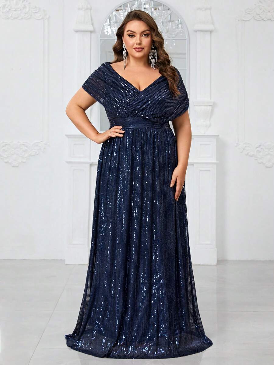 YISIKADO Plus Size Women's Glittery V-Neck Capelet Short Sleeve Party Evening Dress Elegant Formal Prom Wedding Guest Gown, For Graduation, Dinner - 藏蓝色 - 查看 1