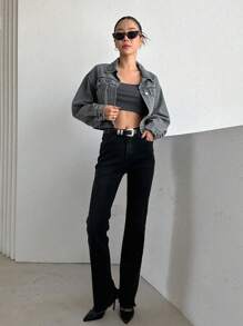DAZY Drop Shoulder Crop Denim Jacket,Back To School Clothes - Grey - View 5