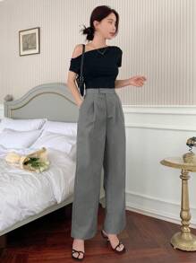 DAZY 女士纯色褶皱阔腿宽松休闲裤，商务休闲，返校服，教师裤 - 淺灰色 - 查看 4