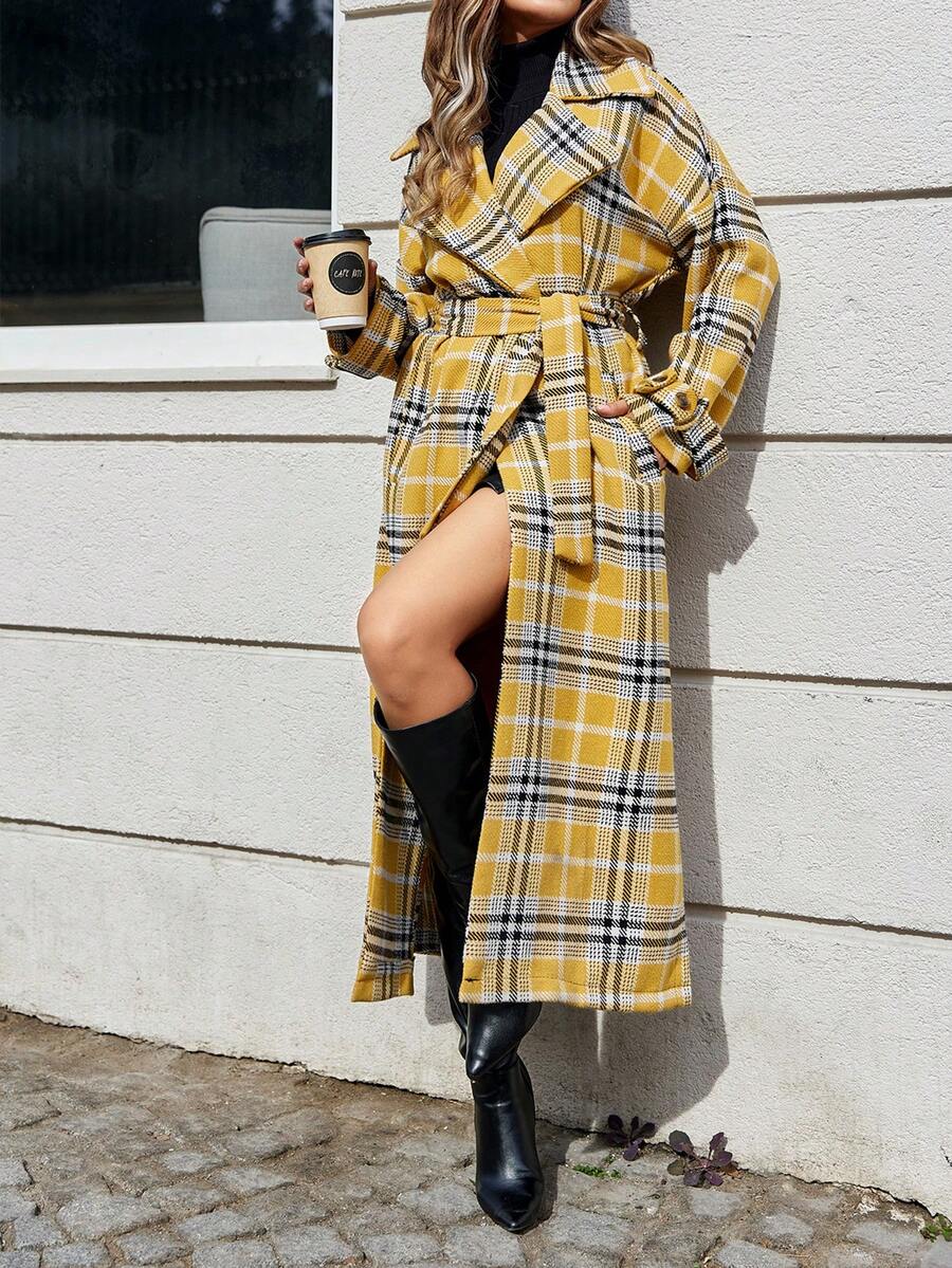 EURMUSE 女式格紋落肩腰帶羊毛大衣,落肩襯衫領設計 - 杏色 - 查看 1