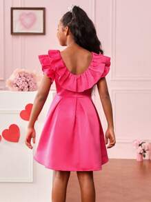 Vestido De Manga Corta Con Dobladillo Con Volantes De Color Liso Para Niña - Rosa Fucsia - Ver 2