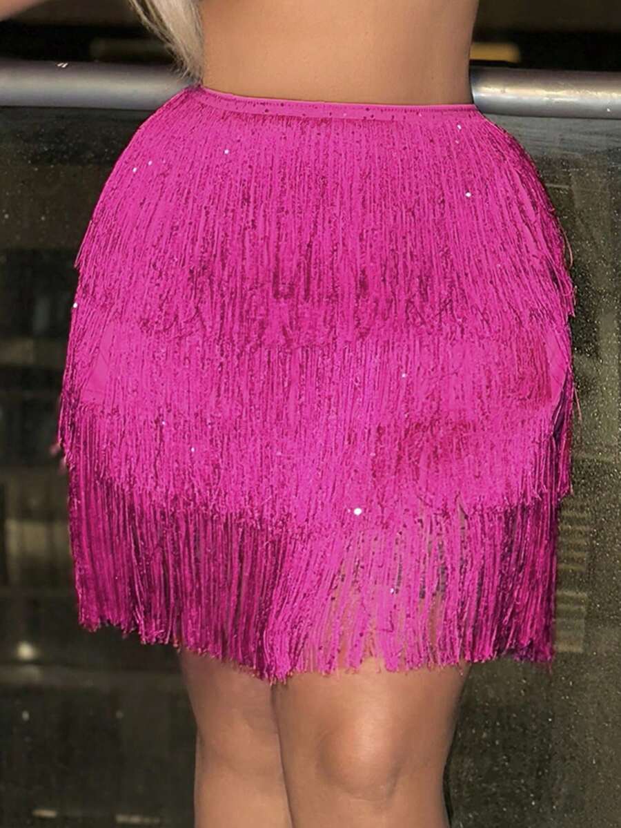 SHEIN SXY 大碼流蘇邊裙裤 - 玫紅色 - 查看 1