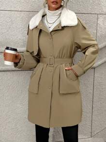 SHEIN Unity Áo khoác kaki cổ lông có đệm lót Quần áo mùa đông có túi bên hông - Màu Khaki - Xem 3