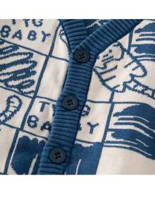 幼兒男童卡通圖案釦扣開衫毛衣 - 藍白色 - 查看 8