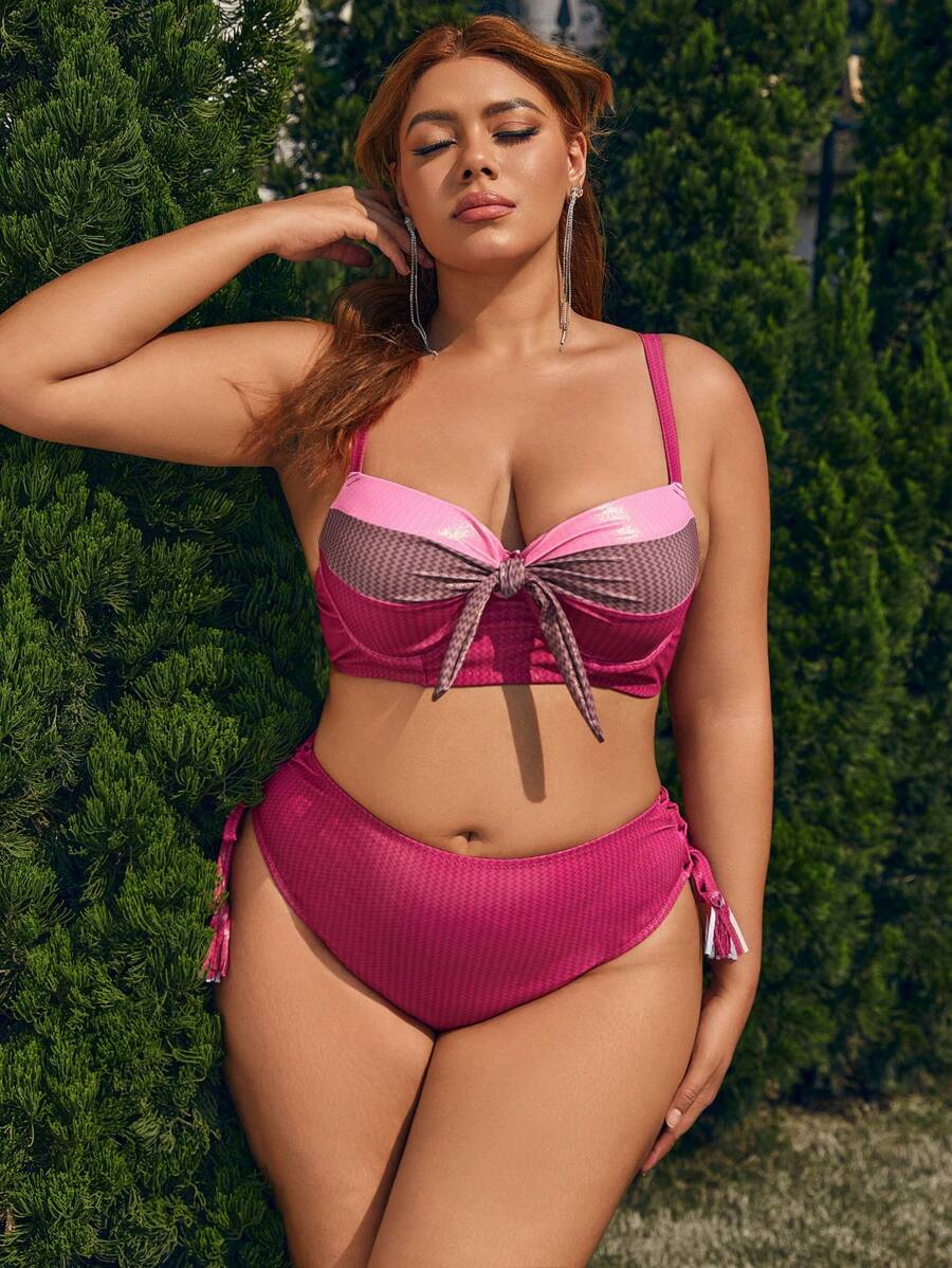 SHEIN Swim Curve Plus Size Colorblock Bikini Set With Knot Detailing Summer - Pink - View 1