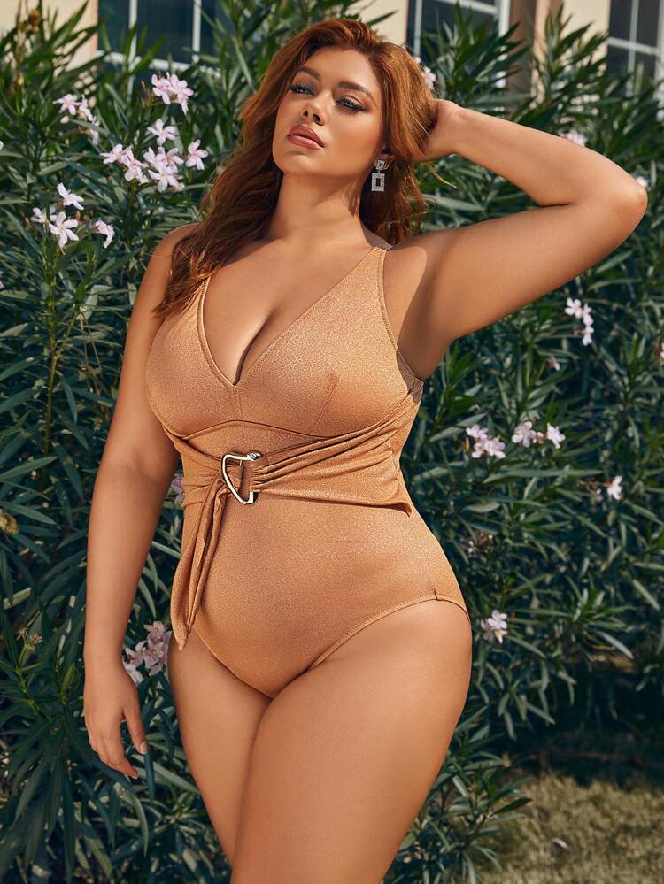 Summer Plus Size Solid Color One-Piece Swimsuit With Circular Accents