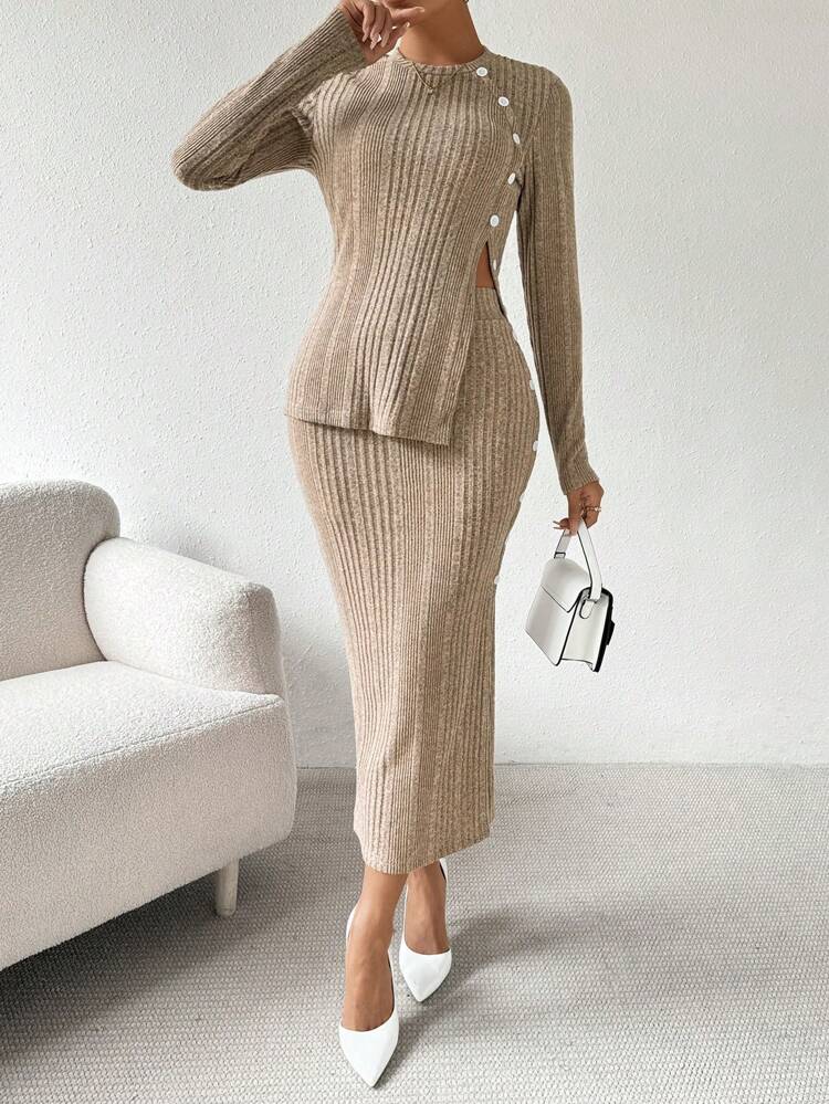 Ribbed Knit Buttoned Side Split T-Shirt And Skirt Set