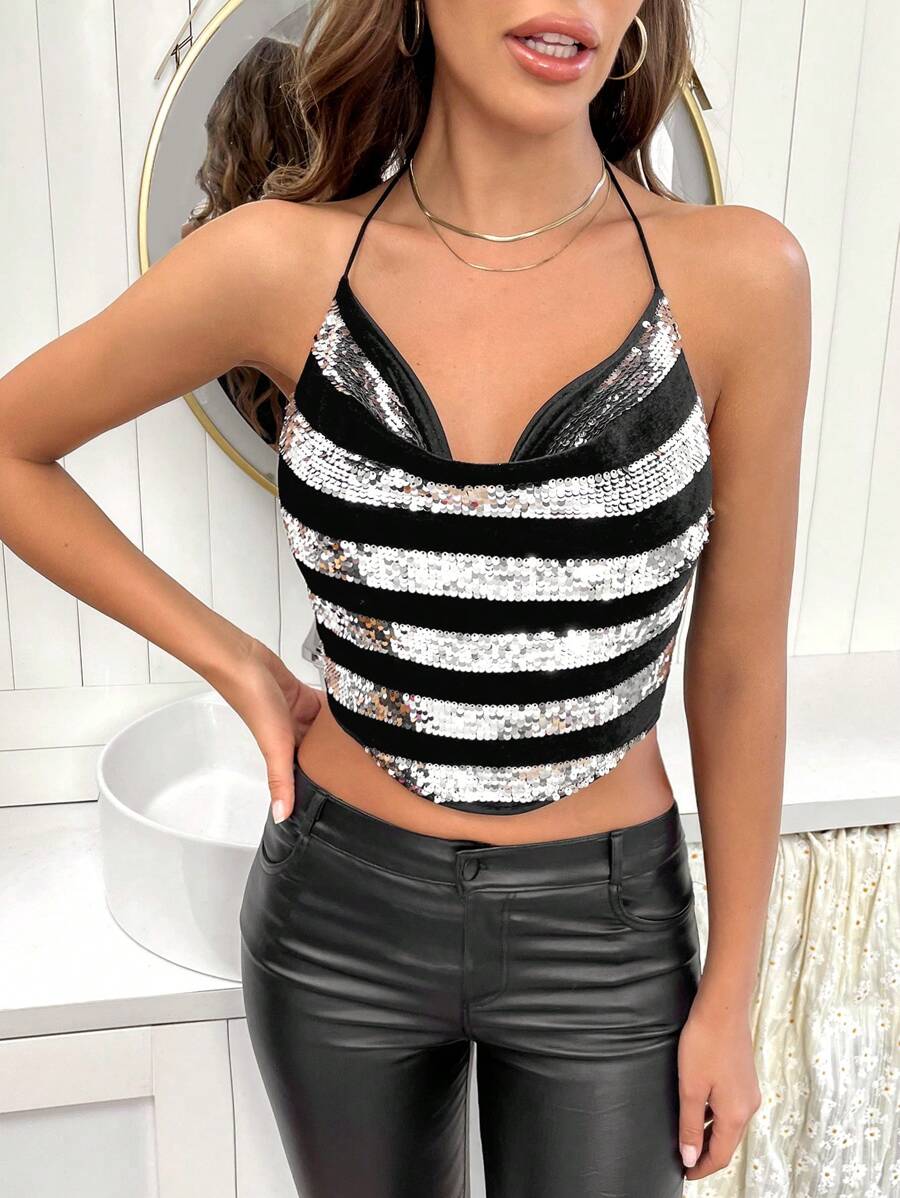 SHEIN Privé Elegant Christmas & New Year Ladies' Sequin Halter Top - Black - View 1