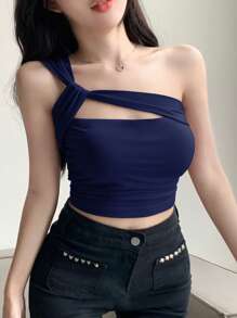 Dazy Star Hollow Out One Shoulder Crop Top Festival Summer Going Out Tops - Navy Blue - View 3