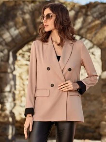 SHEIN LUNE Lapel Neck Double Breasted Blazer - Khaki - View 3