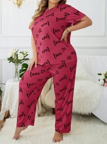 Plus Size Heart & Letter Print T-shirt And Pants Pajama Set - Rose Red - View 3