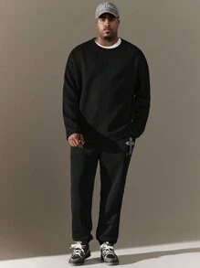 SHEIN Manfinity Homme Men's Plus Size Loose Fit Waffle Plaid Patterned Long Sleeve T-Shirt - Black - View 3