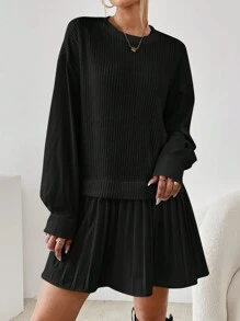 SHEIN Essnce Quý cô Màu thuần Viền xếp Đầm - màu đen - Xem 5