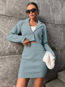 RueChic Plaid Pattern Lapel Neck Crop Blazer & Skirt - Blue - View 5