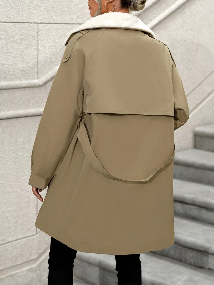 Khaki Fuzzy Lapel Collar Padded Padded Coat Clothes Winter With Side Pockets Fall Cloth For Women
