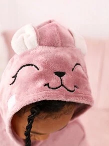 SHEIN 女童卡通刺绣保暖针织双面绒带帽浴袍，适合冬季穿着，幼儿浴袍，女童蓬松睡衣浴袍 - 粉色 - 查看 5