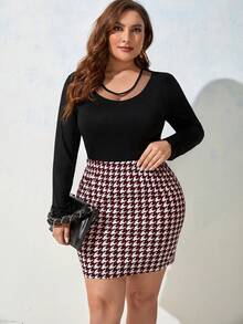 SHEIN Privé 大尺碼千鳥格裙 - 酒紅色 - 查看 3