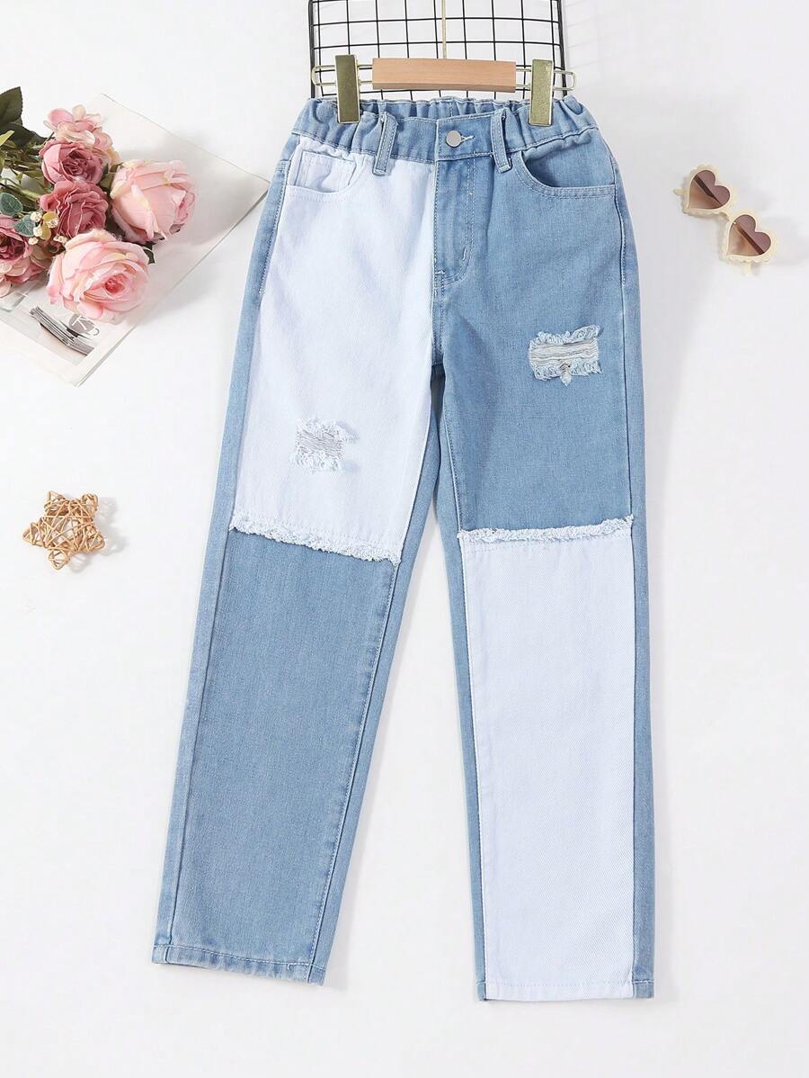 Tween 女孩時尚拼色無彈牛仔褲,甜美又前衛的風格 - 彩色 - 查看 1