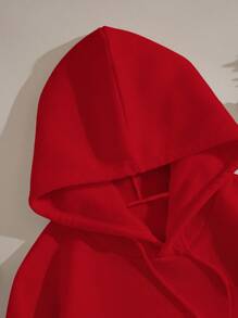 EURMUSE 女款純色帶拉繩的毛絨連帽衫 - 紅色 - 查看 6