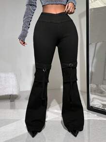 SHEIN ICON Y2k Style Black Women'S Casual Low-Waist Slim Fit Flared Jeans With Side Zipper - Black - View 1