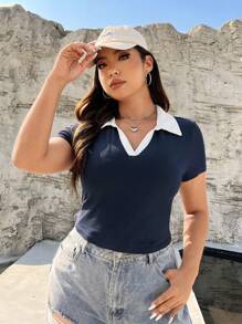 SHEIN EZwear Plus Size Color Block Crop T-Shirt With Contrast Collar, Summer