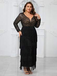 YISIKADO Của phụ nữ Kích thước lớn Cổ chữ V Tay áo dài Kim sa Vá lại Sọc Buổi tiệc Đầm dạ hội Đối với Dạ hội - màu đen - Xem 4