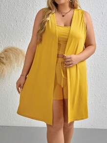 SHEIN LUNE Hơn Chất rắn Áo ba lỗ & Quần short & Mở Mặt trước áo - Màu vàng - Xem 3