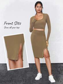 GLOWMODE FeatherFit™-Sculpt Tummy Control Slit Midi Pencil Skirt - Camel - View 5